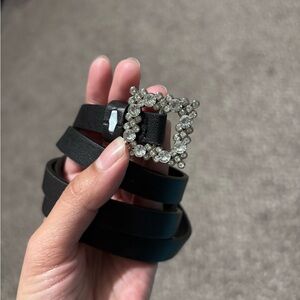 Elegant Black Belt with Crystal Buckle